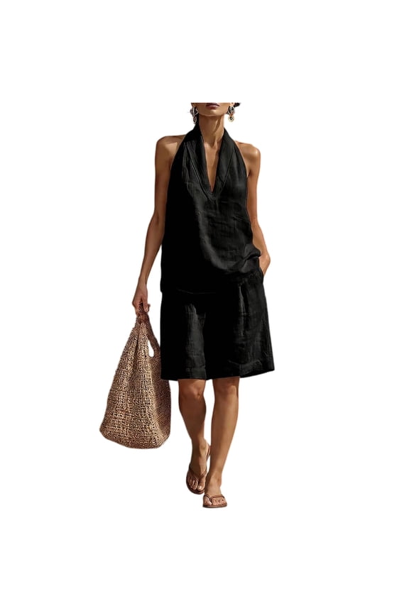 Linen Short Sets for Women 2 Piece Outfits V Neck Halter Tank Tops Knee Length Bermuda Shorts Beach Loungewear Set Black M