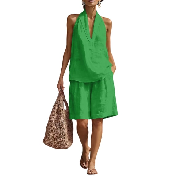 Qwertyu Linen Short Sets for Women 2 Piece Outfits V Neck Halter Tank Tops Knee Length Bermuda Shorts Beach Loungewear Set Green XL