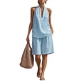 thumbnail image 1 of Qwertyu Linen Short Sets for Women 2 Piece Outfits V Neck Halter Tank Tops Knee Length Bermuda Shorts Beach Loungewear Set Light Blue S, 1 of 6