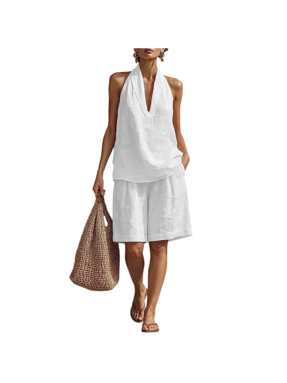 Linen Short Sets for Women 2 Piece Outfits V Neck Halter Tank Tops Knee Length Bermuda Shorts Beach Loungewear Set White 2XL