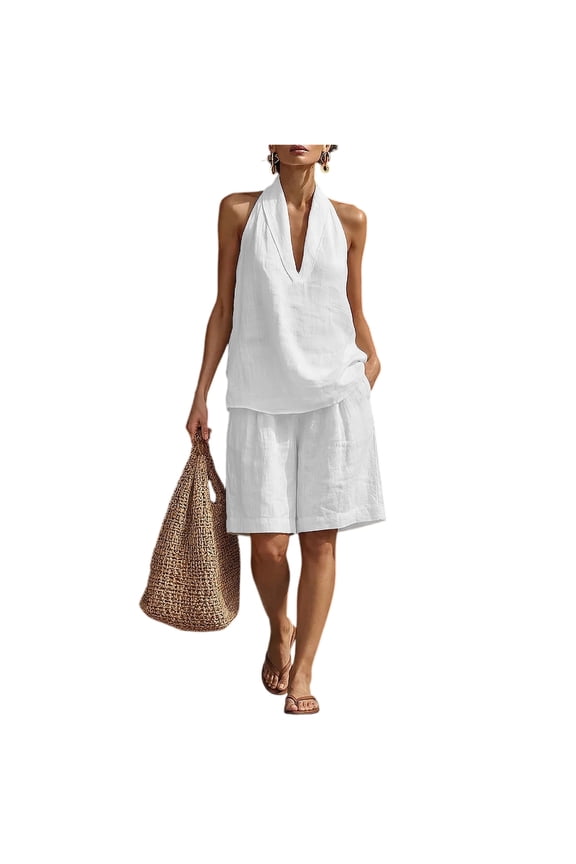 Linen Short Sets for Women 2 Piece Outfits V Neck Halter Tank Tops Knee Length Bermuda Shorts Beach Loungewear Set White XL