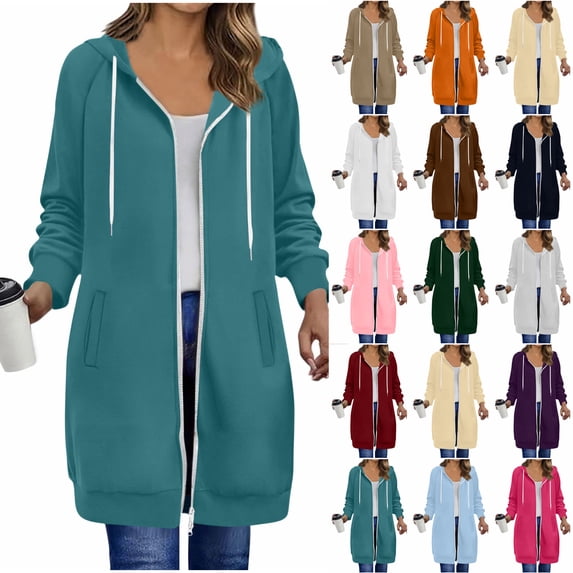 Qwertyu Long Hoodies for Women Full Zip Up Long Sleeve Jacket Tunic Sweatshirts Fall Winter Fashion Clothes Dark Green 2XL