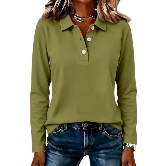Qwertyu Long Sleeve Polo Shirts for Women Cotton V Nekc Collared Tennis Tops Lightweight Business Fall Casual Golf Shirts Army Green S