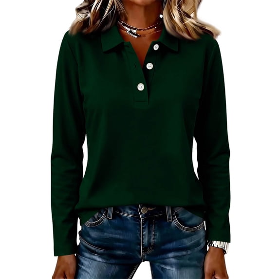 Qwertyu Long Sleeve Polo Shirts for Women Cotton V Nekc Collared Tennis Tops Lightweight Business Fall Casual Golf Shirts Dark Green L