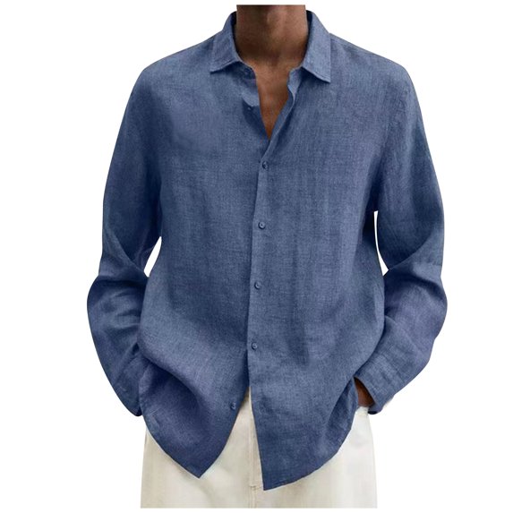 Qwertyu Long Sleeve Shirts for Men Cuban Camp Guayabera Cotton Linen Shirts Casual Button Down Tops Dark Blue XL