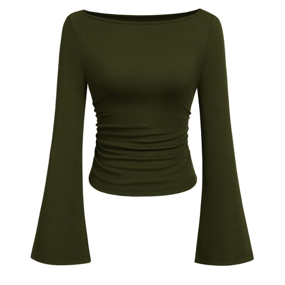 Qwertyu Long Sleeve Shirts for Women Solid Color Boat Neck Slim Fitted Casual Tee Fall Fashion Slim Basic Tops White 2XL