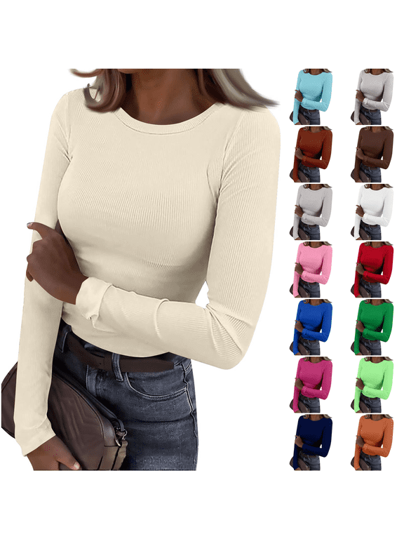 Long Sleeve Tops for Women Crew Neck Slim Fitted Ribbed Knit Basic Shirts Base Layer Tee Going Out Clothes Beige 2XL