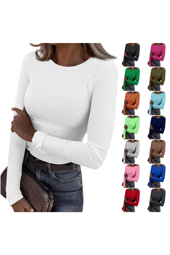 Long Sleeve Tops for Women Crew Neck Slim Fitted Ribbed Knit Basic Shirts Base Layer Tee Going Out Clothes White S