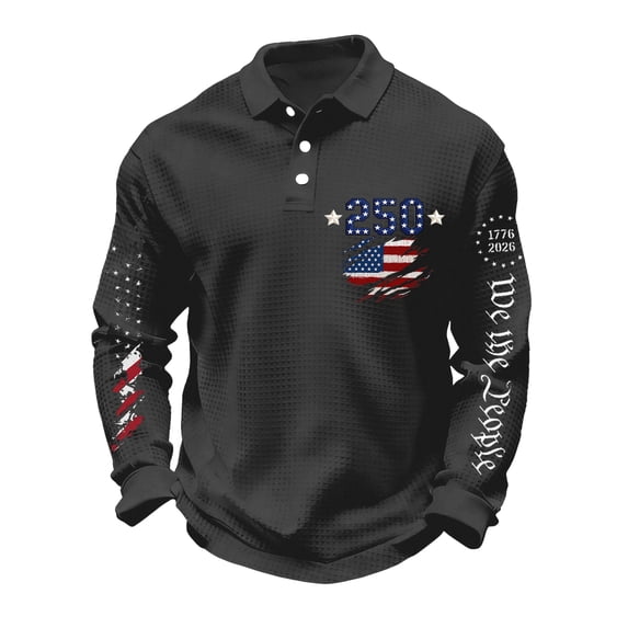 Qwertyu Men's 250 American Anniversary Shirt National Flag Print Waffle Polo Shirt Casual 250 Year American Anniversary Shirt Black S