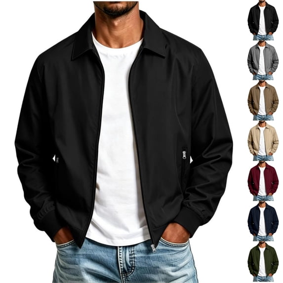 Qwertyu Men's Bomber Jacket Lightweight Casual Collared Winter Zip Up Windbreaker Coat Fall Winter Wear Black 2XL