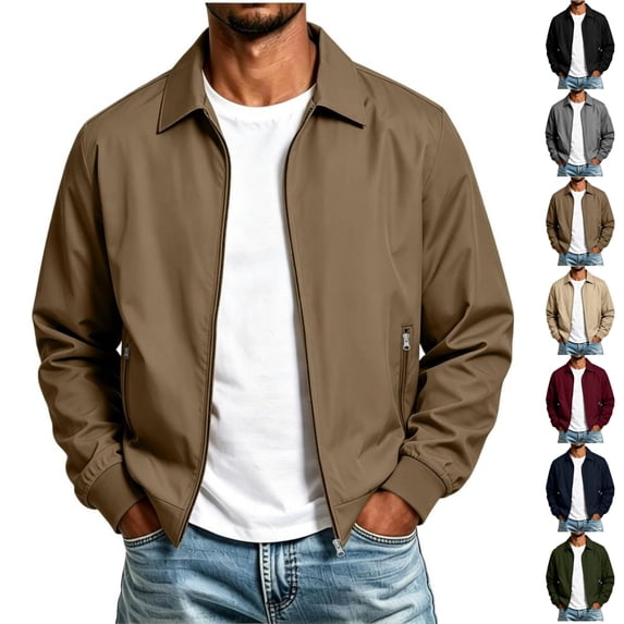 Qwertyu Men's Bomber Jacket Lightweight Casual Collared Winter Zip Up Windbreaker Coat Fall Winter Wear Khaki S