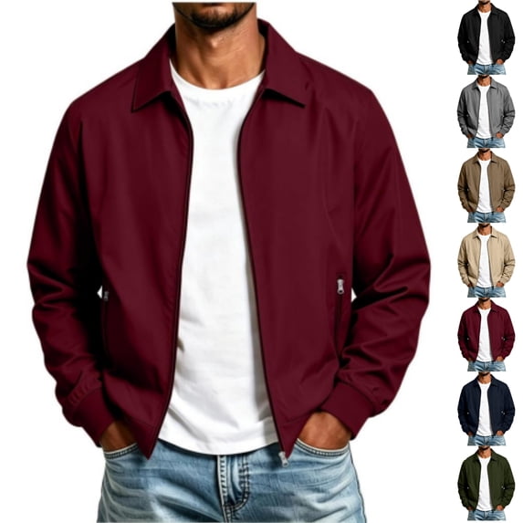 Qwertyu Men's Bomber Jacket Lightweight Casual Collared Winter Zip Up Windbreaker Coat Fall Winter Wear Wine S