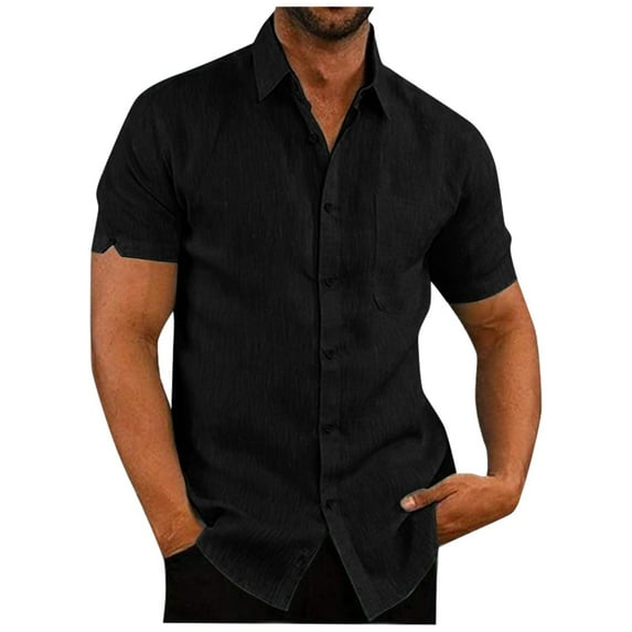 Qwertyu Men's Casual Button Down Shirts Short Sleeve Linen Shirts Solid Color Summer Beach Shirt Black M