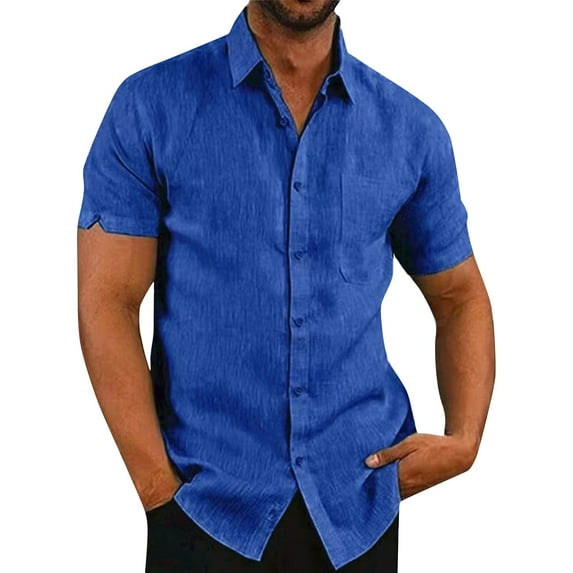 Qwertyu Men's Casual Button Down Shirts Short Sleeve Linen Shirts Solid Color Summer Beach Shirt Blue 4XL