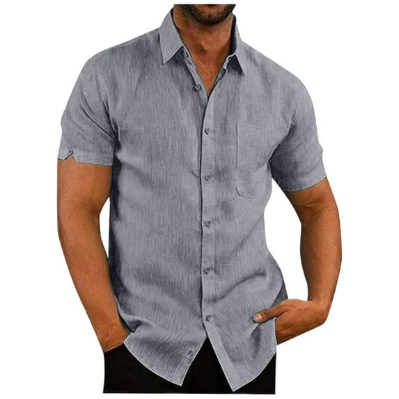 Qwertyu Men's Casual Button Down Shirts Short Sleeve Linen Shirts Solid Color Summer Beach Shirt Gray 2XL