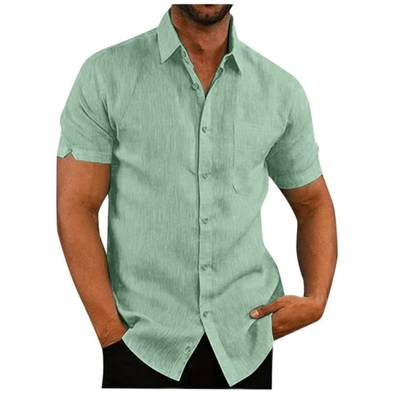 Qwertyu Men's Casual Button Down Shirts Short Sleeve Linen Shirts Solid Color Summer Beach Shirt Mint Green L