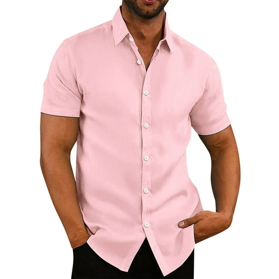 Qwertyu Men's Casual Button Down Shirts Short Sleeve Summer Beach Shirt Fashion Vacation Wedding Shirts Pink L