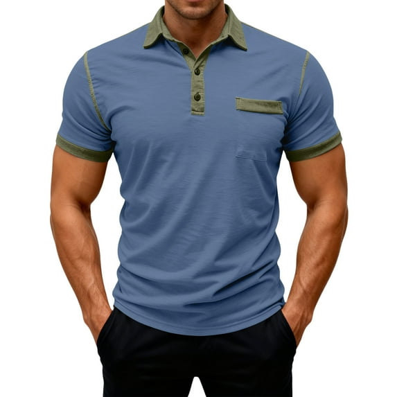Qwertyu Men's Casual Polo Shirts Classic Long Sleeve Basic Button T-Shirt Lightweight Cotton Golf Tops with Pocket Dark Blue L