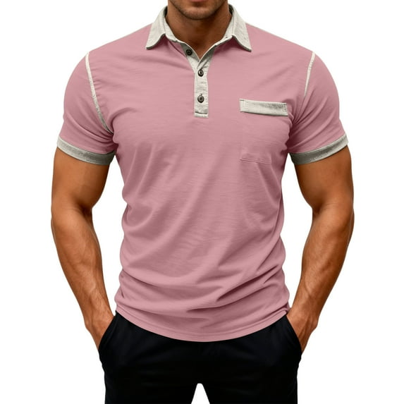 Qwertyu Men's Casual Polo Shirts Classic Long Sleeve Basic Button T-Shirt Lightweight Cotton Golf Tops with Pocket Pink 3XL