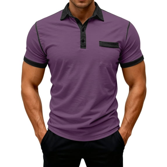 Qwertyu Men's Casual Polo Shirts Classic Long Sleeve Basic Button T-Shirt Lightweight Cotton Golf Tops with Pocket Purple 2XL