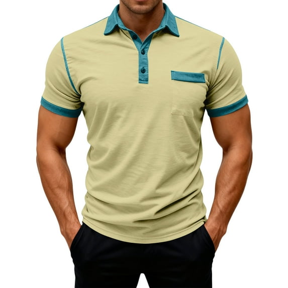Qwertyu Men's Casual Polo Shirts Classic Long Sleeve Basic Button T-Shirt Lightweight Cotton Golf Tops with Pocket Yellow XL