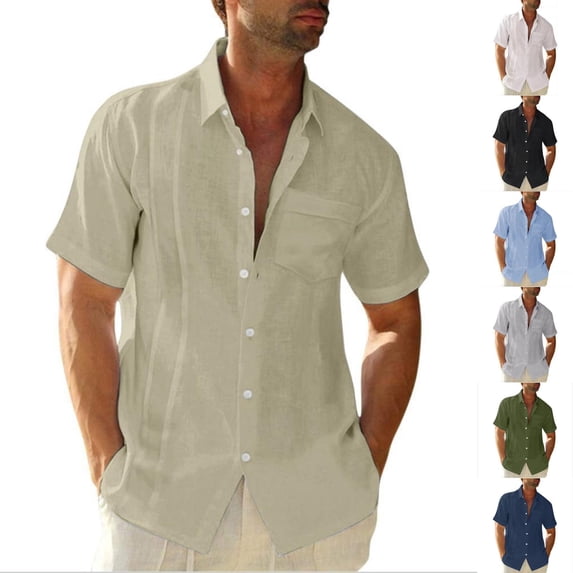 Qwertyu Men's Cotton Linen Shirts Short Sleeve Casual Shirts Button Down Shirt for Men Beach Summer Dress Shirt Light Blue 3XL