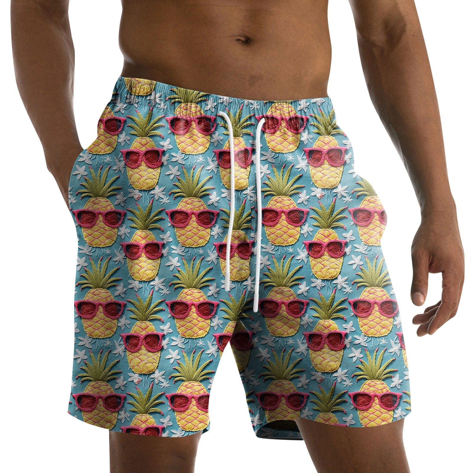 Qwertyu Mens Hawaiian Swim Trunks Palm Tree Tropical Print Summer