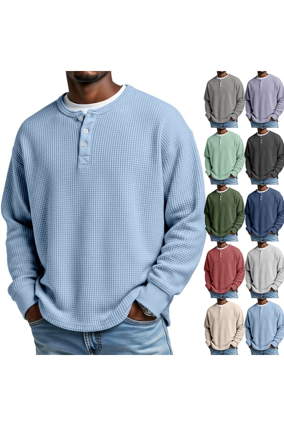 Men's Henley Shirts Casual Trendy Long Sleeve Button Down Waffle Tops Fall Thermal Comfy Basic Lightweight Blouse Gray S