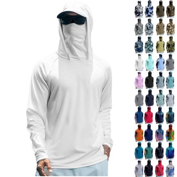 Qwertyu Men's Lightweight UPF 50+ Sun Shirts Cooling SPF Fishing Shirts Long Sleeve Hooded Shirts Quick Dry Sun Hoodie with Face Mask Gray L