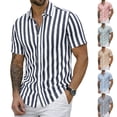 thumbnail image 1 of Qwertyu Men's Linen Shirts Short Sleeve Striped Casual Shirts Button Down Shirt Hawaiian Beach Summer Shirt Dark Blue 2XL, 1 of 7