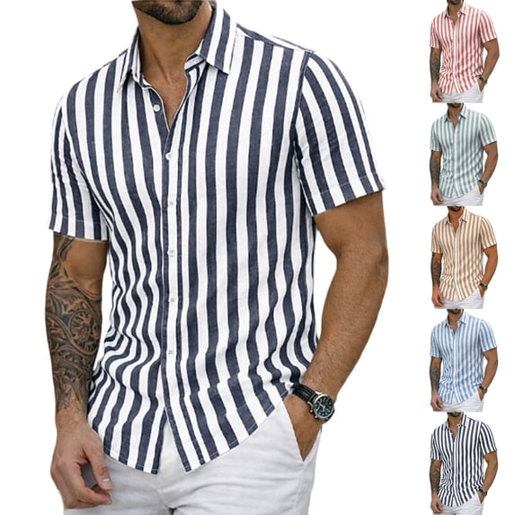Qwertyu Men's Linen Shirts Short Sleeve Striped Casual Shirts Button Down Shirt Hawaiian Beach Summer Shirt Dark Blue 2XL