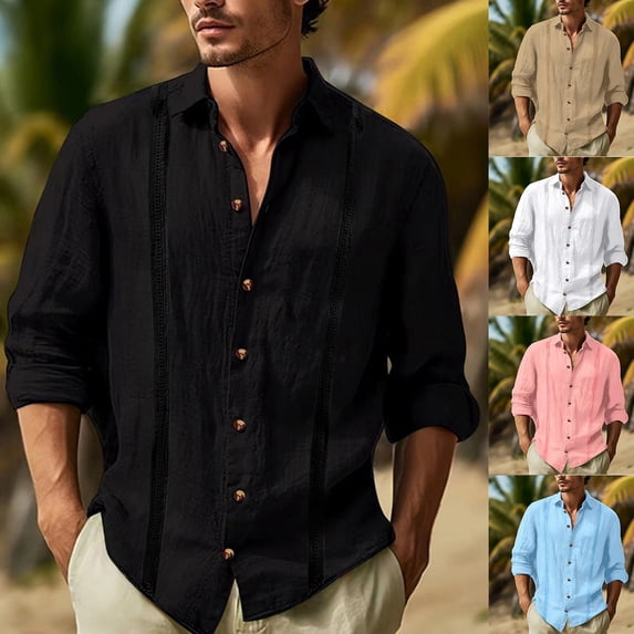Qwertyu Men's Long Sleeve Button Down Shirt Casual Cotton Linen Textured Solid Color Lightweight Shirt Summer Beach Tops Pink XL