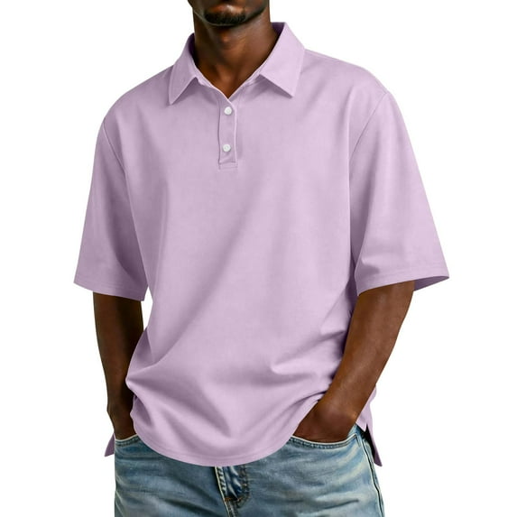 Qwertyu Men's Polo Shirts Short Sleeve Collared Shirts for Men Solid Color Regular Pull-On Casual Golf Shirt Light Purple 2XL