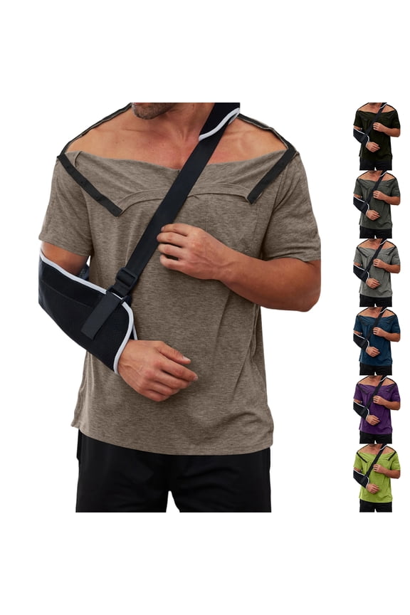 Men's Post Shoulder Surgery Recovery Shirts Full Tear Away Short Sleeve Snap Chemo Port Access Shirt with Pocket Hot Pink M