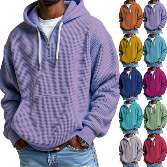 Qwertyu Men's Quarter Zip Hoodie Waffle Knit Pullover Long Sleeve Drawstring Casual Loose Fit Sweatshirt Hooded Tops with Pockets Dark Blue L