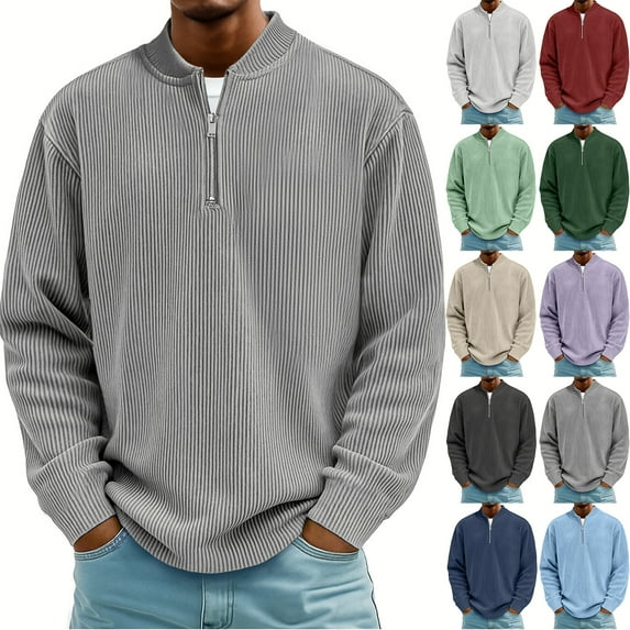 Qwertyu Men's Quarter Zip Pullover Corduroy Lightweight Stand Collar Casual Retro Sweatshirt Long Sleeve Solid Color Tops Wine L