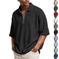 thumbnail image 1 of Qwertyu Men's Quarter Zip Up Tshirts Short Sleeve Collared Waffle Shirts Solid Color Loose Fit Casual Pullover Tops Dark Green 4XL, 1 of 7