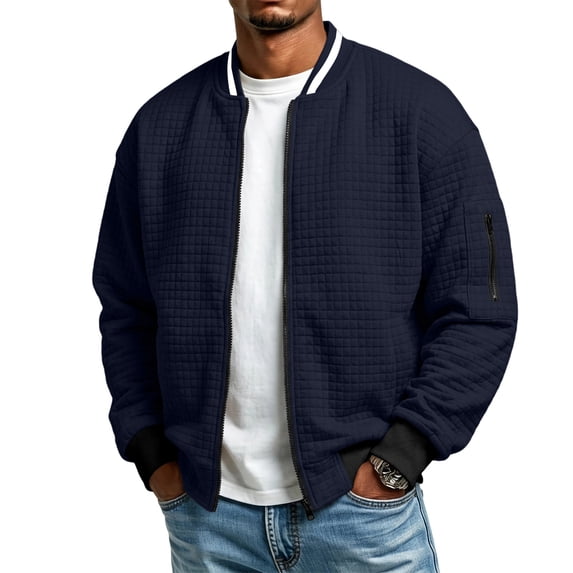 Qwertyu Men's Waffle Knit Bomber Jacket Long Sleeve Collared Full Zip Casual Jackets Fall Winter Coat with Pockets Navy S