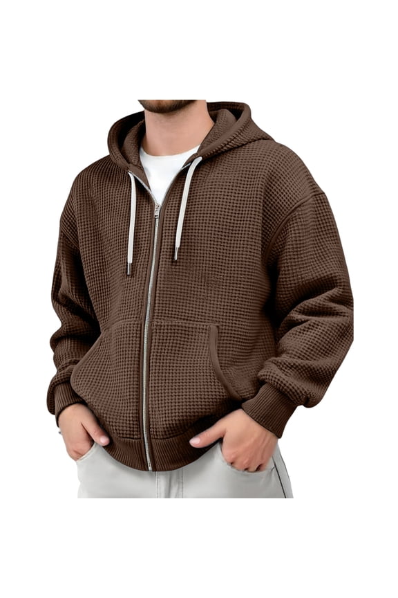 Men's Waffle Knit Full Zip Up Hooded Sweatshirt Casual Solid Color Long Sleeve Pullover Hoodie with Zipper Brown 3XL