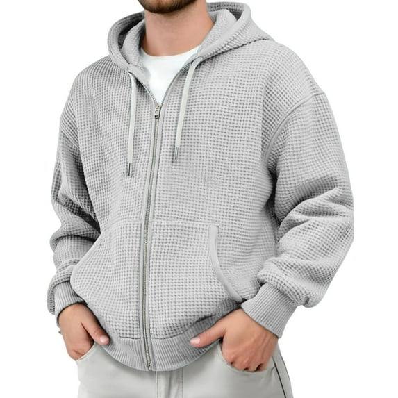 Qwertyu Men's Waffle Knit Full Zip Up Hooded Sweatshirt Casual Solid Color Long Sleeve Pullover Hoodie with Zipper White L