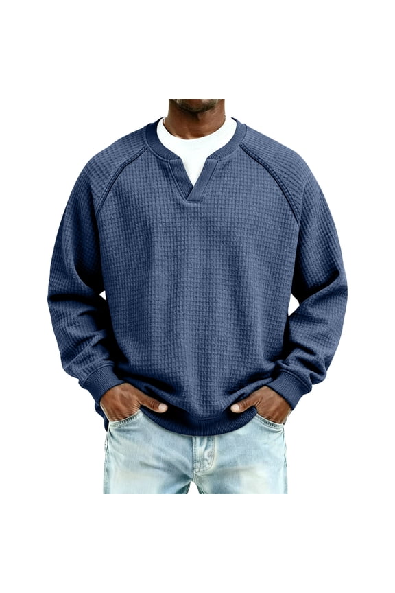 Men's Waffle Long Sleeve Shirts V-Neck Thermal Undershirt Base Layer Tops Winter Knit Pullover Sweaters Navy 3XL