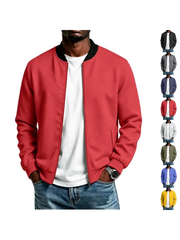 Men's Windbreaker Bomber Jacket Classic Baseball Collar Zip Up Long Sleeve Coat Wear Red 3XL