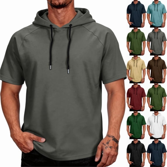 Qwertyu Mens Athletic Hoodies Short Sleeve Summer Casual Lightweight Gym Workout Sweatshirts with Pocket Wine 2XL