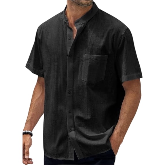 Qwertyu Mens Button Down Shirt Short Sleeve Casual Shirts Linen Textured Summer Beach Shirts Black XL