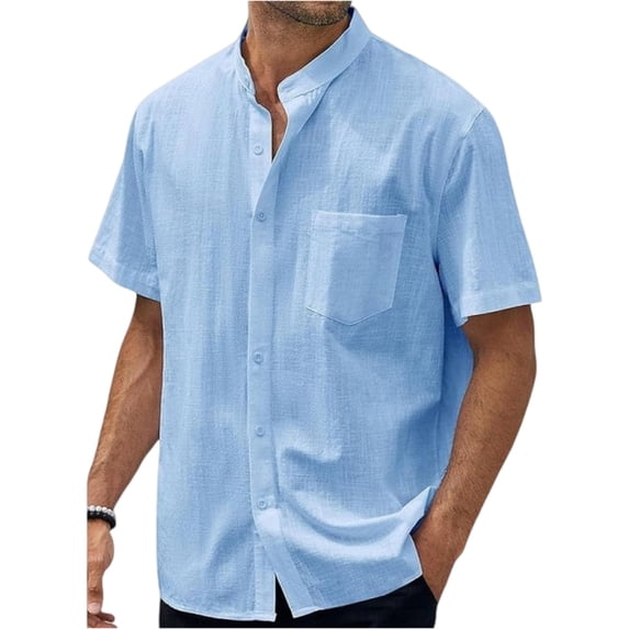 Qwertyu Mens Button Down Shirt Short Sleeve Casual Shirts Linen Textured Summer Beach Shirts Light Blue L