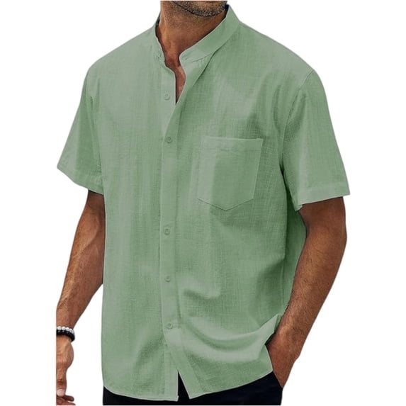 Qwertyu Mens Button Down Shirt Short Sleeve Casual Shirts Linen Textured Summer Beach Shirts Light Green 2XL