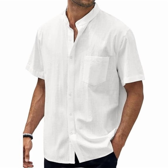 Qwertyu Mens Button Down Shirt Short Sleeve Casual Shirts Linen Textured Summer Beach Shirts White L