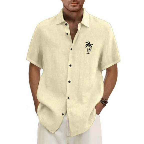 Qwertyu Mens Button Down Short Sleeve Shirt Cotton Linen Hawaii Shirts Casual Tropcial Vacation Beach Summer Tops Beige 2XL