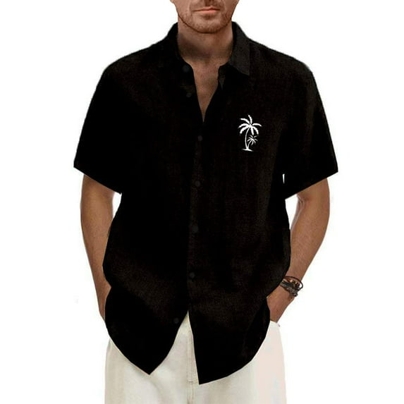 Qwertyu Mens Button Down Short Sleeve Shirt Cotton Linen Hawaii Shirts Casual Tropcial Vacation Beach Summer Tops Black 2XL
