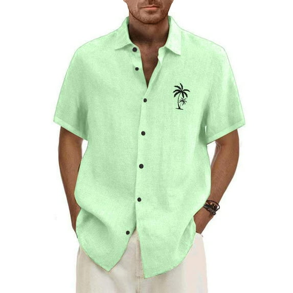 Qwertyu Mens Button Down Short Sleeve Shirt Cotton Linen Hawaii Shirts Casual Tropcial Vacation Beach Summer Tops Mint Green XL